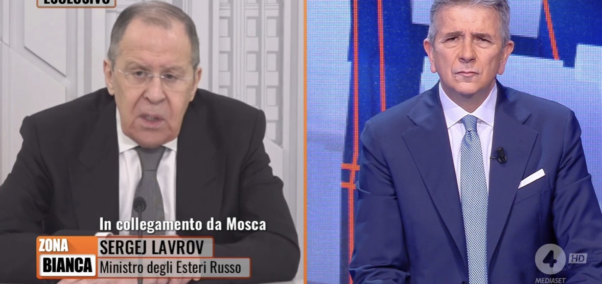 Il ministro degli esteri russo Sergej Lavrov a Zona Bianca su Rete4